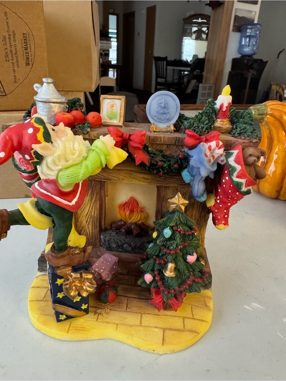 Festive Elf and Stocking Fireplace Holiday Figurine - Tea Light